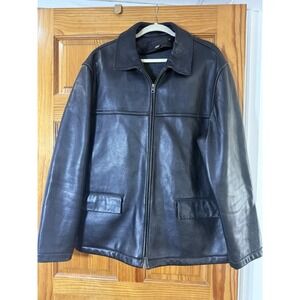 Vintage J. Crew Men's Black Leather‎ Zipper Fleece Lined Car Coat Jacket Size XL